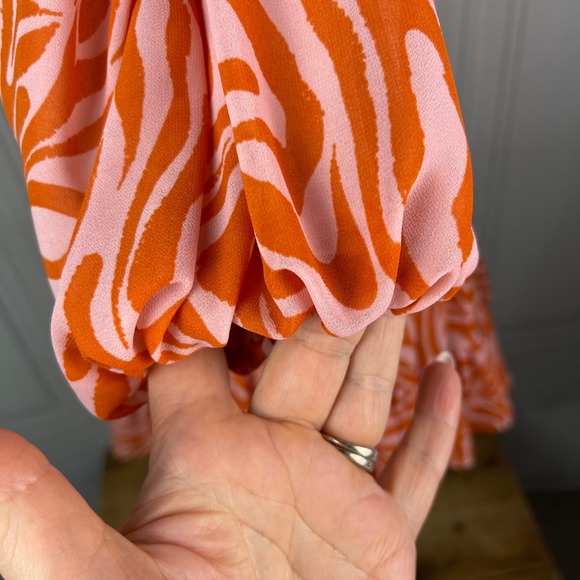 Cinq a Sept-Rika Mini Dress-Billow Sleeve/Animal Print -‎ Pink/Orange-Size 6 - Picture 11 of 16